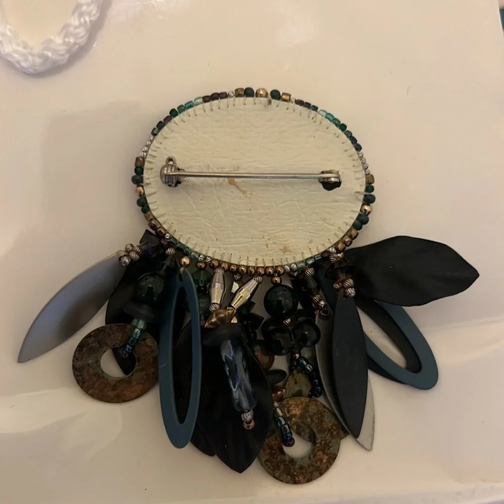Chipita brooch pin  . Green/blue stone blue/gold beading vintage Handmade